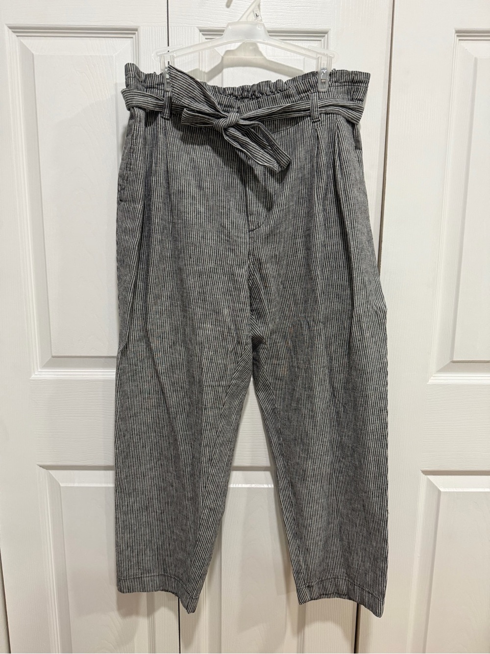LOFT Black & White Pinstripe Paperbag Waist Wide-Leg Pants